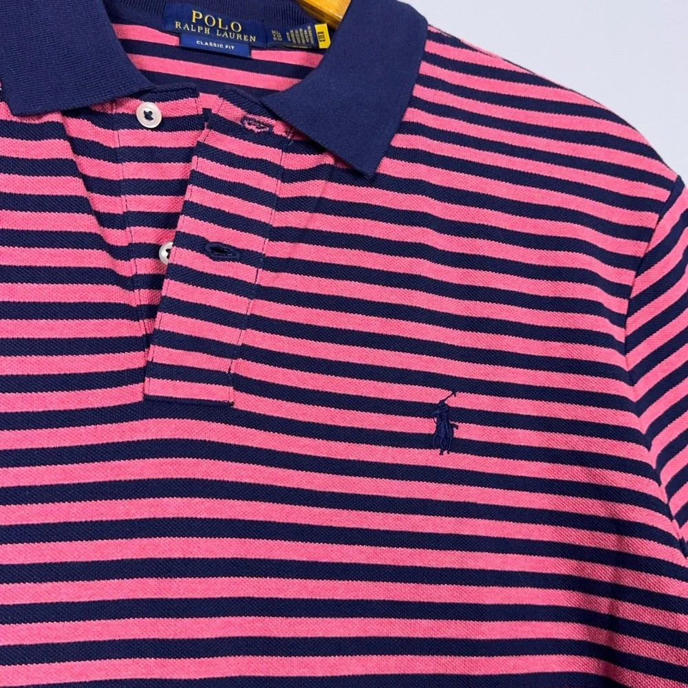 Polo Ralph Lauren Classic Fit Polo Shirt Mens Size XL Striped Pink Navy Preppy